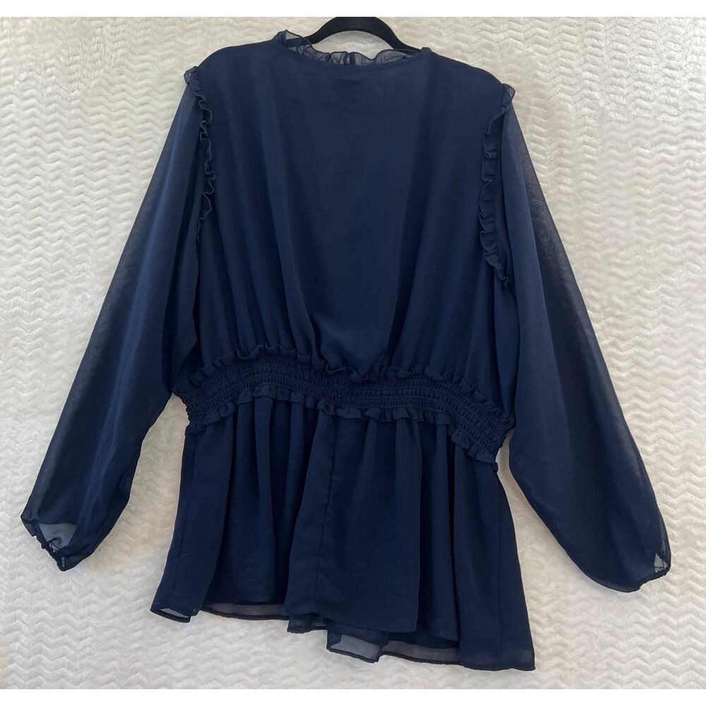 City Chic Blue Peplum Flowy Sheer Long Sleeve V Neck Blouse Top Womens Sz XXL 24 - Picture 3 of 11